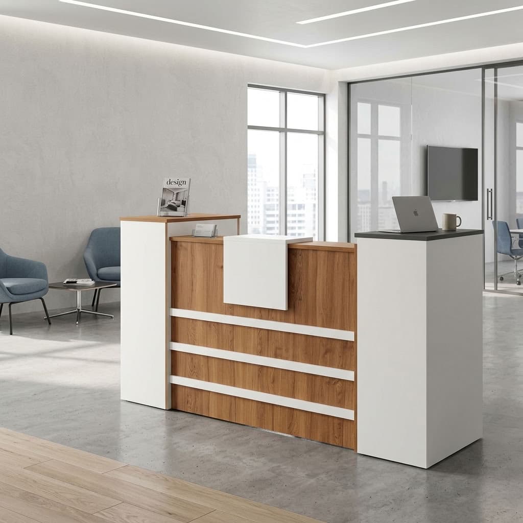 2M Custom Reception Desk with raised side sections and front panel design