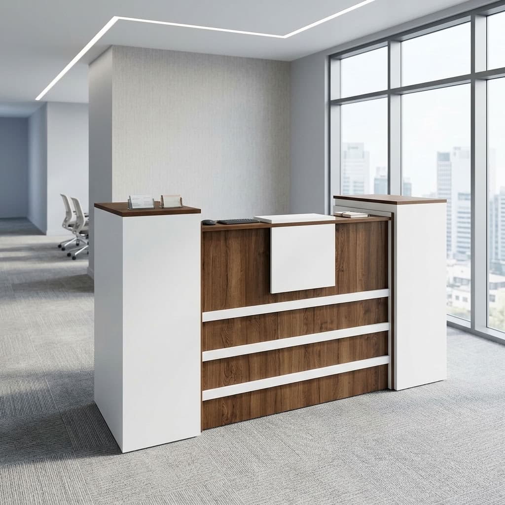 2M Custom Reception Desk with raised side sections and front panel design