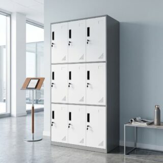 9-Door Office Locker with individual locks, black handles and ventilated doors