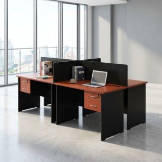 4-Person Custom Workstation with privacy partitions and drawer storage