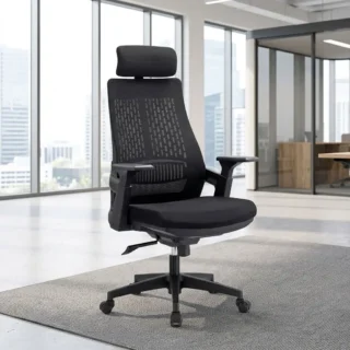 Black mesh executive office chair with headrest and adjustable armrests
