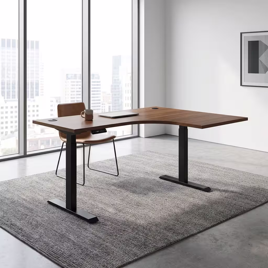 1.4M L-Shaped Electric Standing Desk with wood-look worktop and black adjustable frame