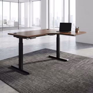 1.4M L-Shaped Electric Standing Desk with wood-look worktop and black adjustable frame