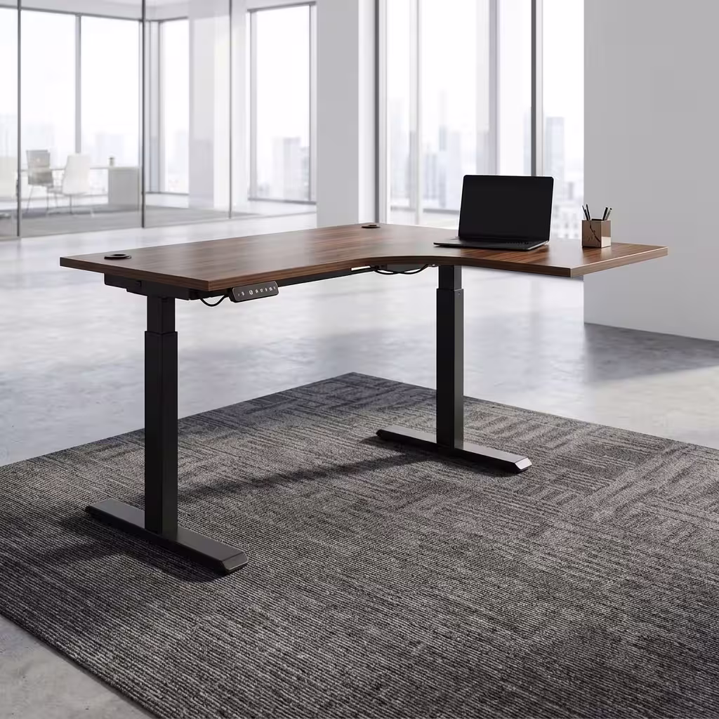 1.4M L-Shaped Electric Standing Desk with wood-look worktop and black adjustable frame
