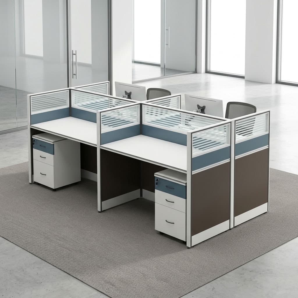 4-Seater Blue Workstation with glass partitions