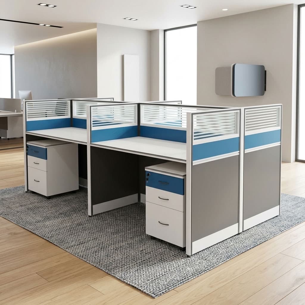 4-Seater Blue Workstation with glass partitions
