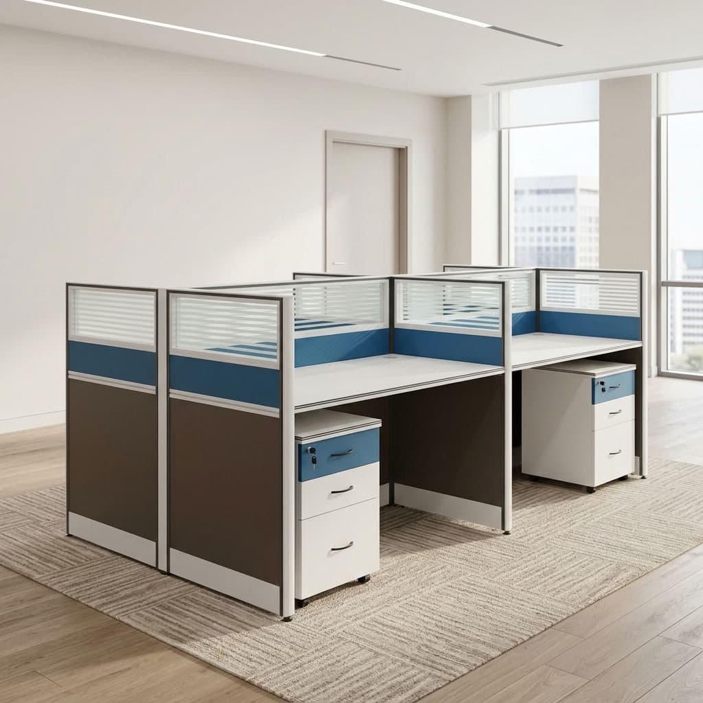 4-Seater Blue Workstation with glass partitions