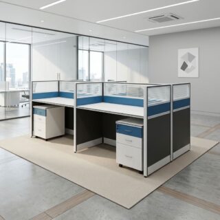 4-Seater Blue Workstation with glass partitions