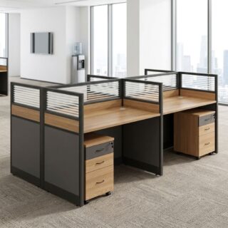 4-Way Staff Workstation with partitions and drawers