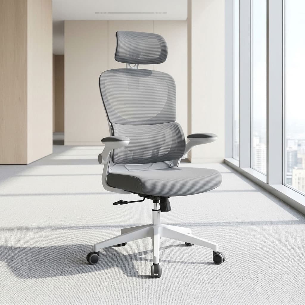 Grey Mesh Executive Chair with headrest and white swivel base