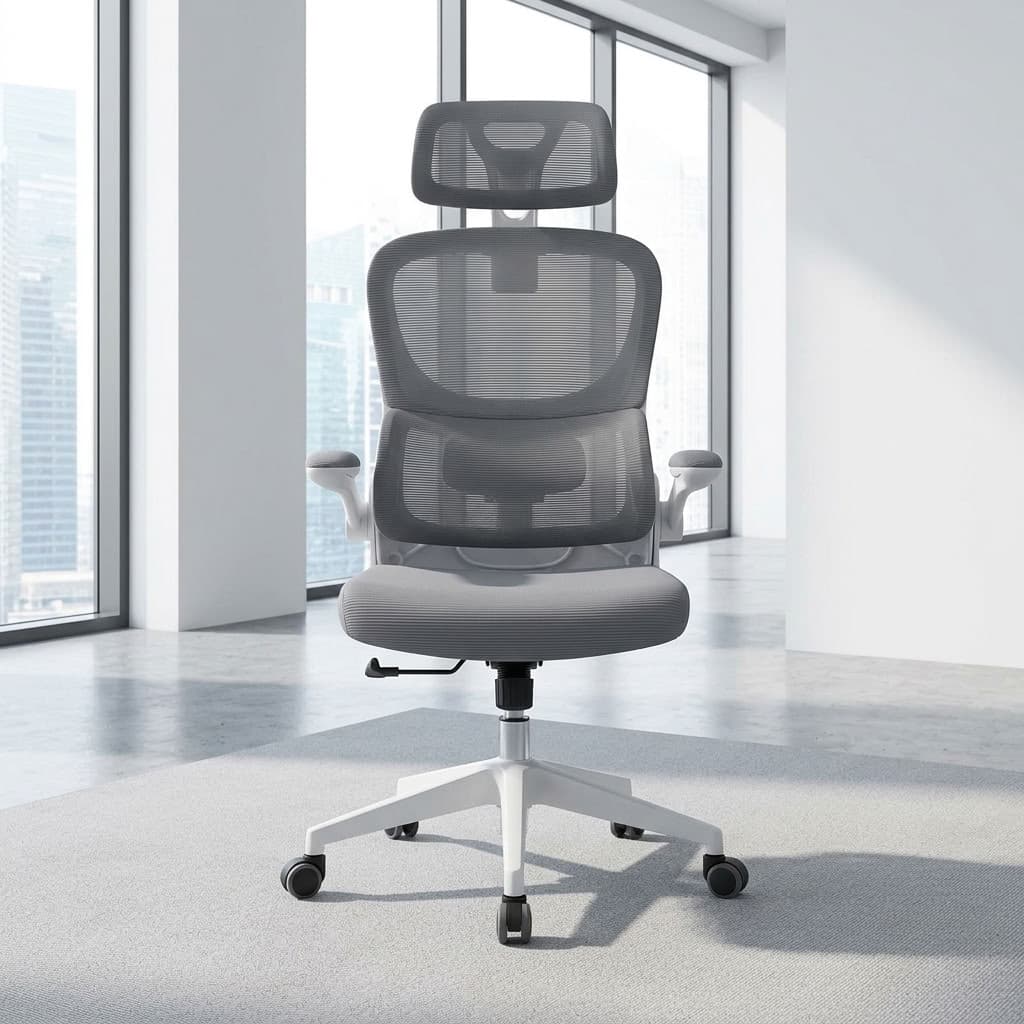Grey Mesh Executive Chair with headrest and white swivel base