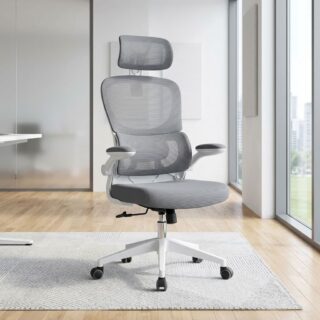Grey Mesh Executive Chair with headrest and white swivel base