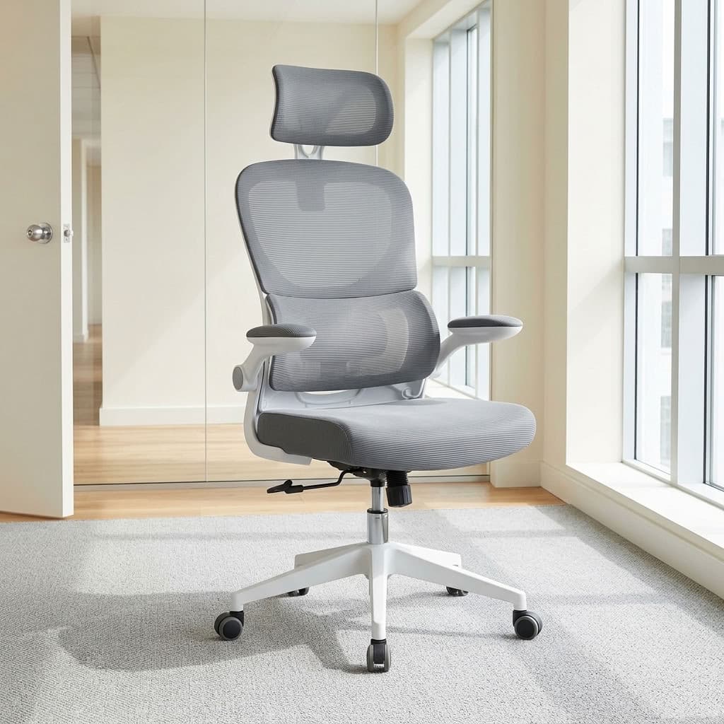 Grey Mesh Executive Chair with headrest and white swivel base