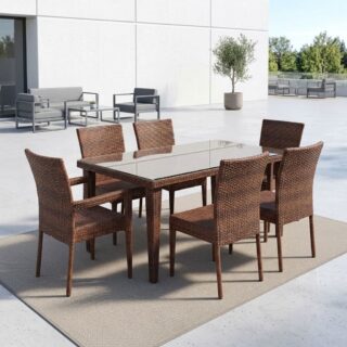 6-Seater Rattan Dining Set with tempered glass table