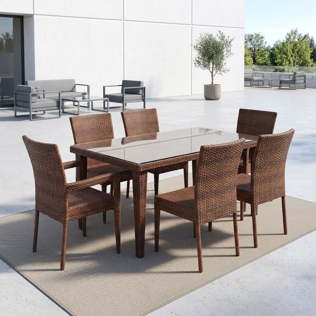 6-Seater Rattan Dining Set with tempered glass table