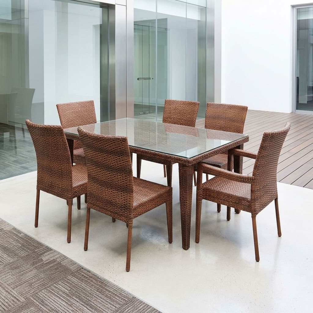 6-Seater Rattan Dining Set with tempered glass table
